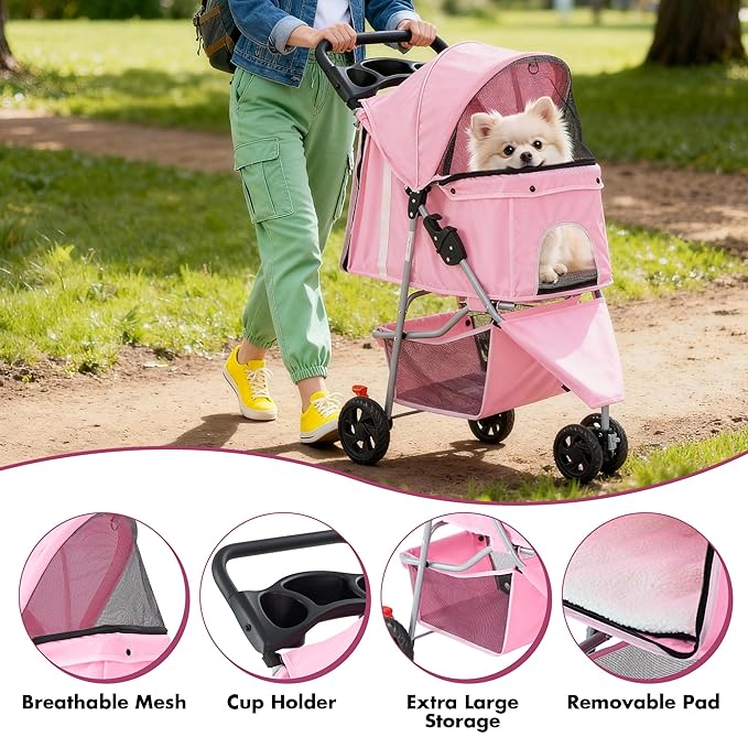 3 Wheel Pet Stroller for Dogs and Cats, Foldable, Lightweight and Durable, Ideal for Small to Medium Pets, Includes Storage Basket and Cup Holders