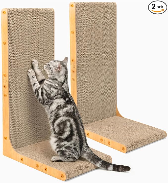 Conlun Cardboard Cat Scratcher,26" L-Shaped Scratch Pad Wall Mounted,Vertical Scratching Post Durable Cardboard to Protect Furniture for Indoor Cats,Wood Grain Junbo (2 Pack)