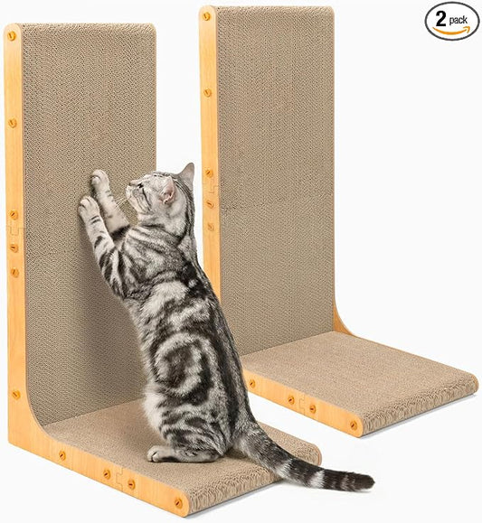 Conlun Cardboard Cat Scratcher,26" L-Shaped Scratch Pad Wall Mounted,Vertical Scratching Post Durable Cardboard to Protect Furniture for Indoor Cats,Wood Grain Junbo (2 Pack)