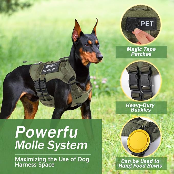 No Pull Tactical Dog Harness for Large Dogs, Service Dog Vest, L, Green | Tactical Dog Vest Harness and Leash Set, Adjustable Military Service Dog Harness with Handle for Medium Large Dogs