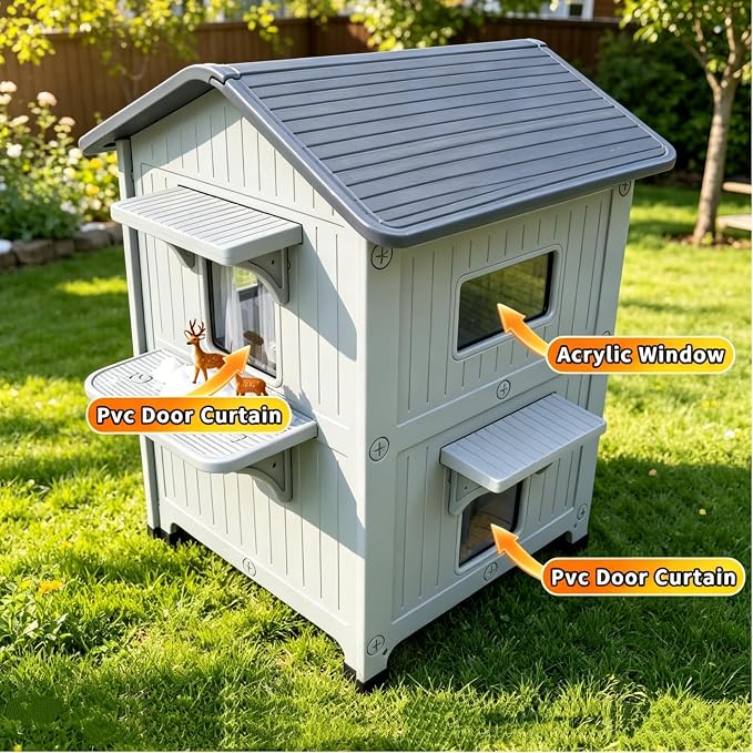 HiCaptain Outdoor Cat House 2 Story HDPE Weatherproof for Feral Cat, Grey | 21.5" D x 21" W x 34" H, Plastic Elevated Insulated Cat Shelter with Escape Door, Easy Clean & Assemble, Expansive Interior‌