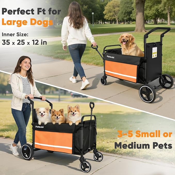 Petbobi Dog Wagon for Large Dogs, Push & Pull Foldable Pet Cart with Ramp | Fits Medium & Heavy Breeds Up to 80 lbs, 360° Swivel Stroller Wheels, Adjustable Handle, Foot Brake, Safety Leashes, Orange