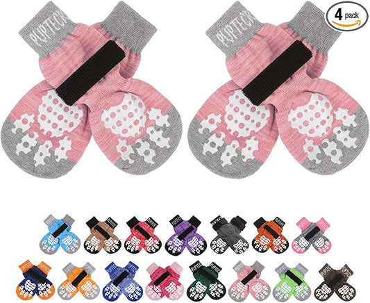 PUPTECK Anti-Slip Dog Socks with Double Sides Grips for Small Medium Large Dogs Hardwood Floors Prevents Licking, Dog Shoes for Hot Pavement Traction Control Paw Protector for Senior Dogs, Pink S