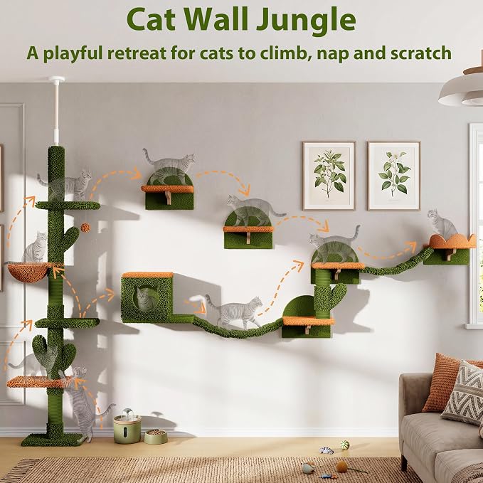 Cactus Floor to Ceiling Cat Tower, 10-in-1 Cat Wall Shelves, Green | Cats Tree with Adjustable Height(87-104 IN), Cat Climbing Wall Furniture Set for 16 Inch Drywall, with Scratching Post, Condo