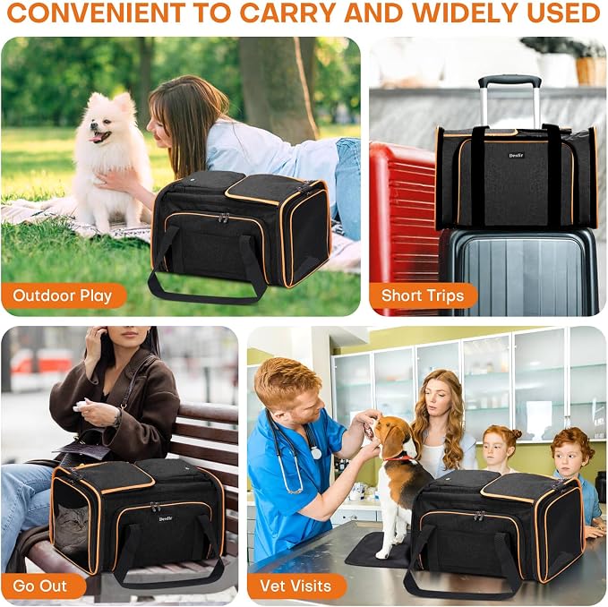 Pet Carrier, Large Soft Sided Expandable Travel Carrier with Steel Frame, Anti-Scratch Mesh, Removable Fleece Pad and Pockets for Cats, Dogs and Small Animals up to 15 lbs (Black, 4 Sides Expandable)