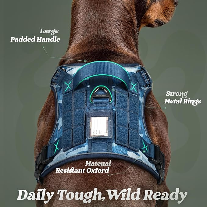 rabbitgoo Tactical Dog Harness for Large Dogs, No Pull Service Pet Vest | Military Molle System & Easy Control Handle, Adjustable and Reflective for Walking and Training, Blue Camo, X-Large