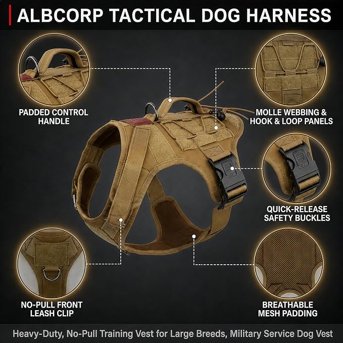 Tactical Dog Harness – No-Pull Military K9 Vest, MOLLE System, Front Clip & Padded Handle – Working Dog Vest for Training, Hunting, Camping & German Shepherd - Coyote Brown, Extra Large