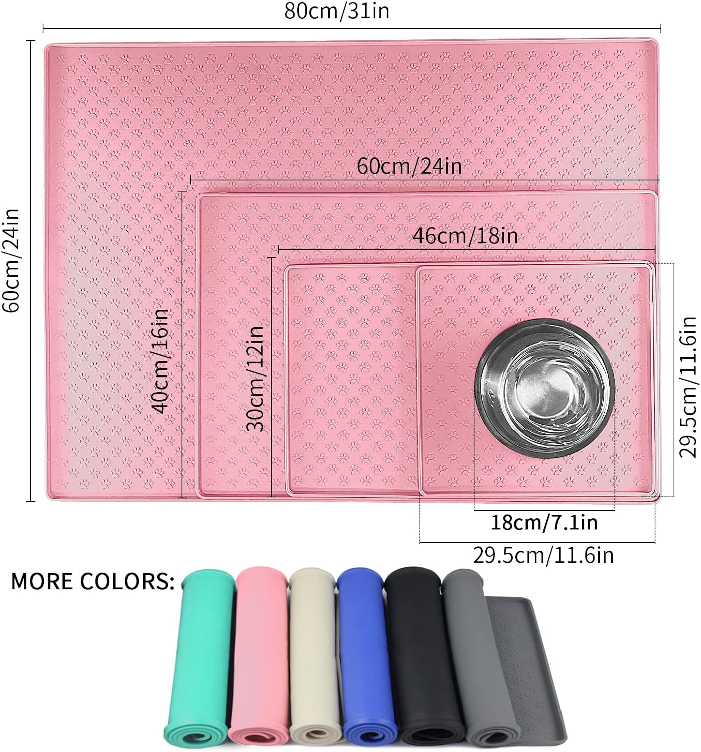 Ptlom Silicone Pet Placemat for Dog and Cat, Waterproof Anti-Slip Pet Feeding Bowl Mats for Food and Water, Small Medium Large Tray Mat Prevent Residues from Spilling to Floor, Pink, 31.5" 23.6"