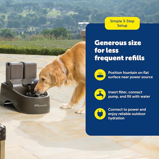 PetSafe Drinkwell Outdoor Dog Water Fountain, 2 Reservoirs, 450 oz, Taupe | Falling Stream Encourages Drinking, Replaceable Carbon Filter, UV-Resistant, Deep-Sided Drinking Bowl to Reduce Spills