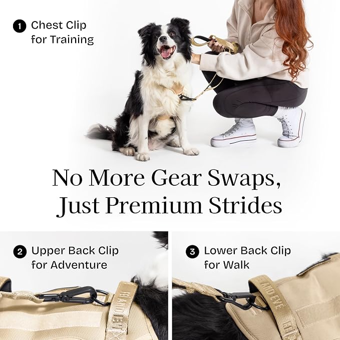Fei & Eve Classic Dog Harness, MagEase Magnetic Buckle | 3-Point No-Pull Control, Dual Handle Support, 900D Nylon, Tactical Patch Panel, Heavy Duty, X-Large, Champagne