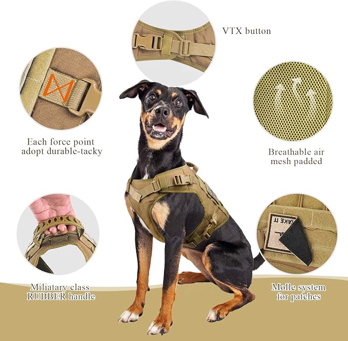 Tactical Dog Vest Harness, Outdoor Training Service Dog Vest Adjustable Military Working Dog Vest with Molle System and Rubber Handle (XL=26.8"-30.7" Chest (Adjustable), Khaki)