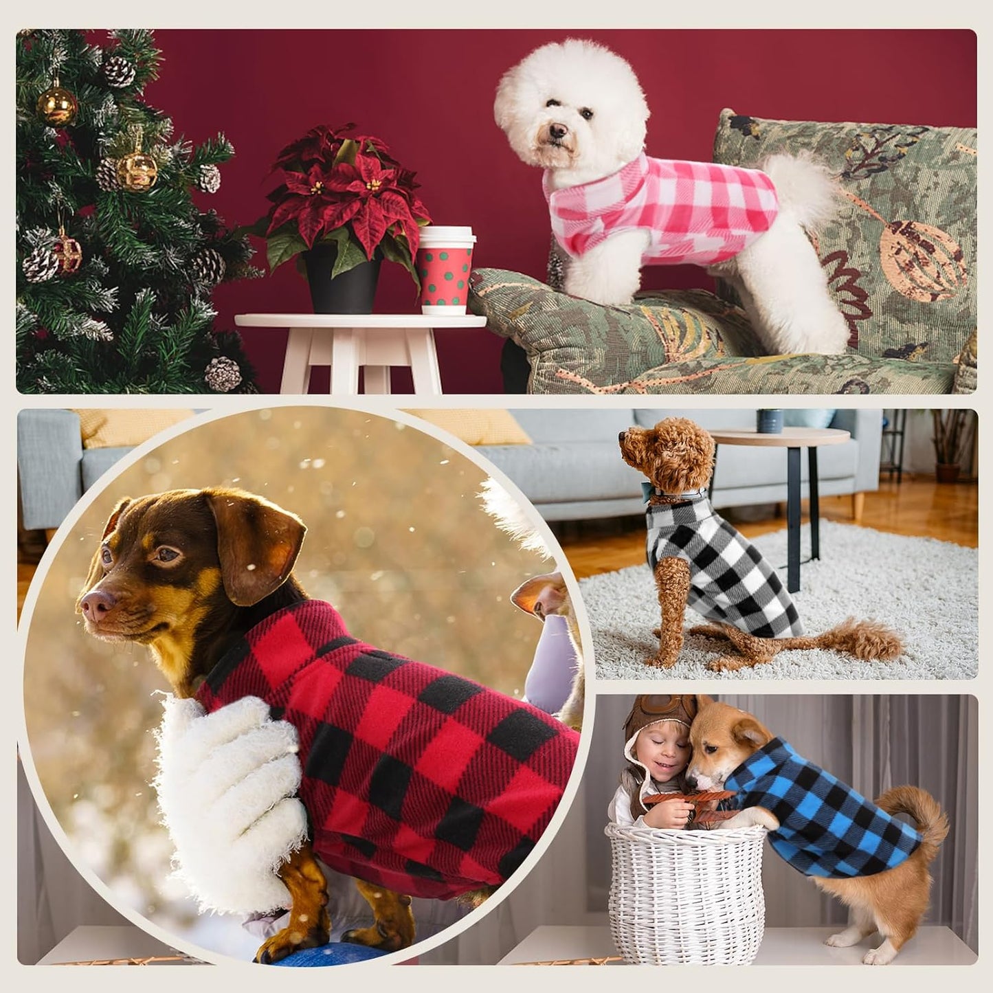 Kuoser Dog Fleece Vest,Warm Plaid Dog Sweater with Leash Hole,Soft Turtleneck Winter Pet Jacket Dogs Coat Pullover Clothes for Small Medium Dogs Cats,Spring Fall Cold Weather Christmas Outfit,Black L