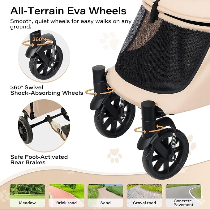 LAUSAINT HOME 4 Wheels Pet Stroller, Foldable Extra Large Dog Stroller for Medium & Large Dogs/Cats with Built-in Access Ramp, Dog Carrier Cat Stroller with Breathable Mesh, Khaki