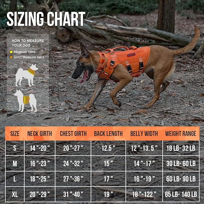 OneTigris Large Tactical Dog Harness, No Pulling Adjustable Dog Vest Harness, Heavy Duty Dog Harness with Handle, Large Hook and Loop Panels for Patch(Orange,S)