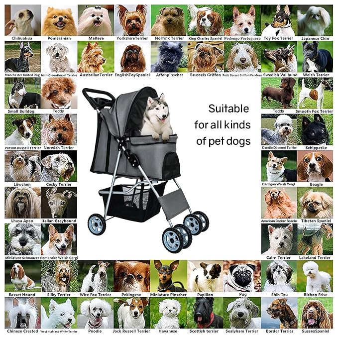 BestPet 4Wheels Pet Dog Stroller for Folding Lightweight Cat Travel Stroller with Cup Holder,Grey