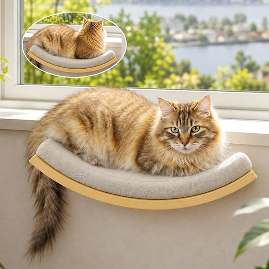 Cat Wall Shelf with Curved Hammock Bed, Wall Mounted Cat Perch with Beige Soft Foam Cushion, Floating Wall Furniture for Climbing, Sleeping & Lounging