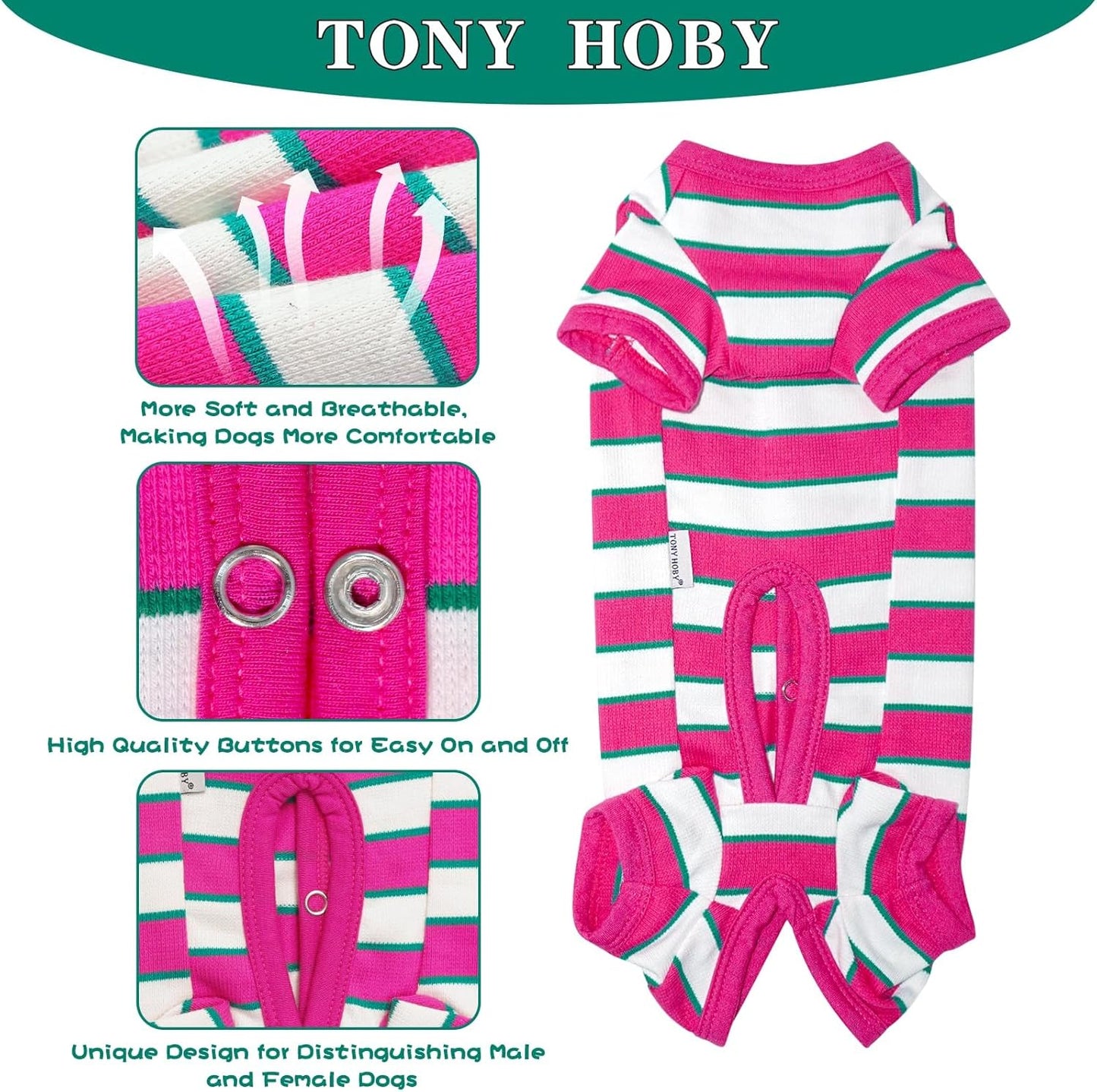 TONY HOBY Male Dog Pajamas, Dog Jumpsuit with Rose Red Stripe, Colorful Dogs Shirt for Small Medium Dogs (Rose Red&White, Boy, XL)