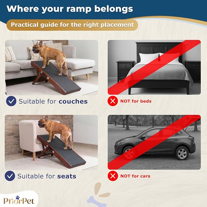Dog Ramp for Couch – Non-Slip, Sturdy Build Foldable Wooden Dog Ramp – Supports up to 200 lbs – 7 Adjustable Heights (14"–20.5") – Enhanced Stability – Birchwood Pet Ramp for Small Dogs – Walnut