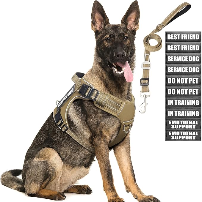 Tactical Service Dog Vest Harness and Leash Set with 10 Patches Brown L