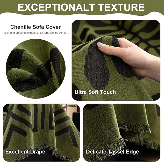 VClife Bohemian Green and Black Couch Cover Western Aztec Sofa Cover for 3-4 Cushion Couch Sofa Washable Chenille Sofa Slipcover Boho Non Slip Geometric Couch Covers for Sectional Sofa 71''x150''