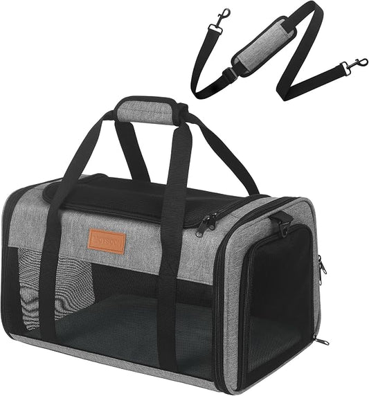 Pet Carrier Airline Approved for Pets Up to 10 Lb, 17x11x9.5 in | Underseat, Top & Side Entry Soft Dog Cat Travel Carrier with Safety Zippers & Anti-Scratch Mesh for Small Cat and Dog, Grey