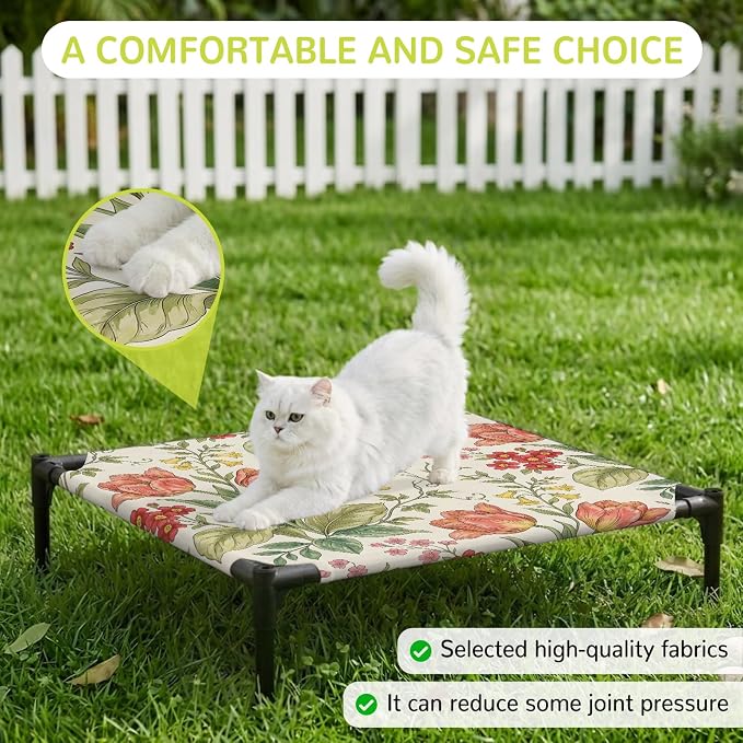 Outdoor Elevated Dog Bed for Small Dogs, Botanical Tulip Breathable Cooling Raised Dog Cot for Indoor/Outdoor, Farmhouse Vines Floral Summer Plants Waterproof Elevated Pet Beds, S 20 x 20 in