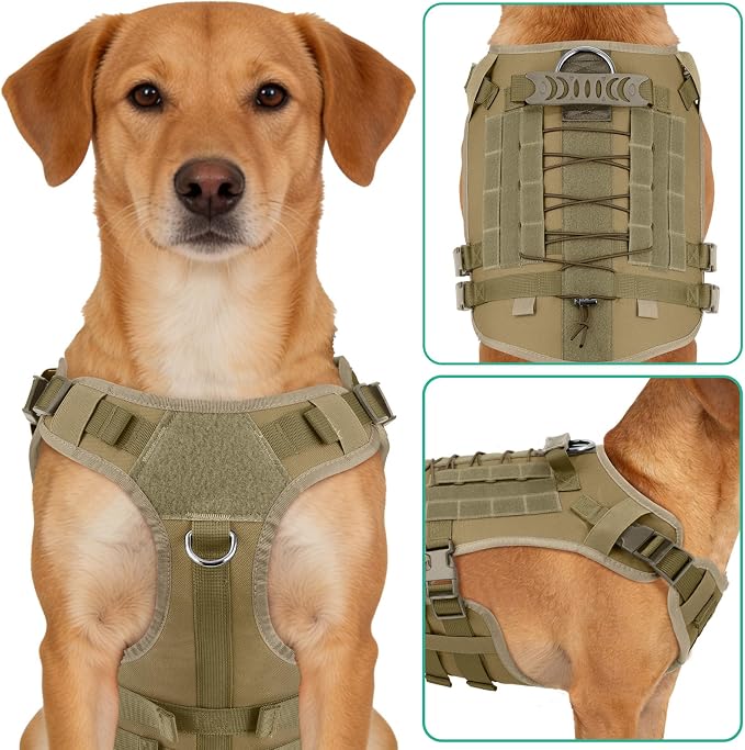YooxArmor No Pull Dog Harness and Leash Set, Tactical Adjustable for Large Dog, Easy Walk Soft Vest Padded Oxford for Training Hiking (Khaki-L)