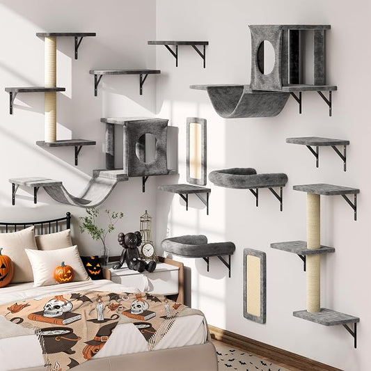 12-in-1 Cat Wall Shelves, Luxury Wall-Mounted Cat Climber Set with Condos House, Scratching Post, Bridge Ladder, Indoor Space-Saving Furniture for Kittens, Dark Gray