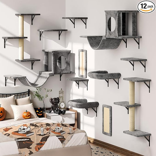 12-in-1 Cat Wall Shelves, Wall Mounted Cat Climber with Condo House, Scratching Post, Bridge Ladder, Space-Saving Indoor Play Furniture for Kittens, Dark Gray