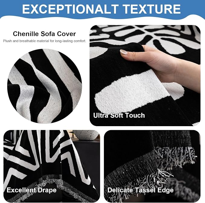 VClife Minimalism Tribal Couch Cover Non Slip White Black Geometric Jacquard Sofa Cover Washable Bohemian Style Aztec Couch Slipcover for Sectional Couch Chenille Furniture Protector 71''x134''
