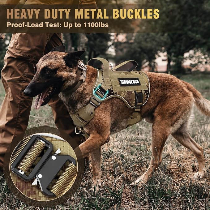 2X Metal Buckle Service Working MOLLE Dog Vest with 10 Pet Patches | Tactical Dog Harness for Large Dog, No-pull Military Working Vest for Training Hunting Walking，2x D Rings for Leash Clip