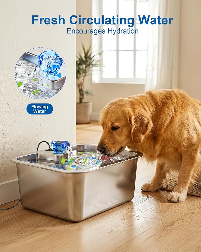PETNF Dog Water Fountain, 10L Stainless Steel Pet Water Dispenser with 4-Stage Filtration, Ultra-Quiet Pump & Circulating Flow, Ideal for Large Dogs Multi-Pet Home, Perfect for Long Trips & Daily Use
