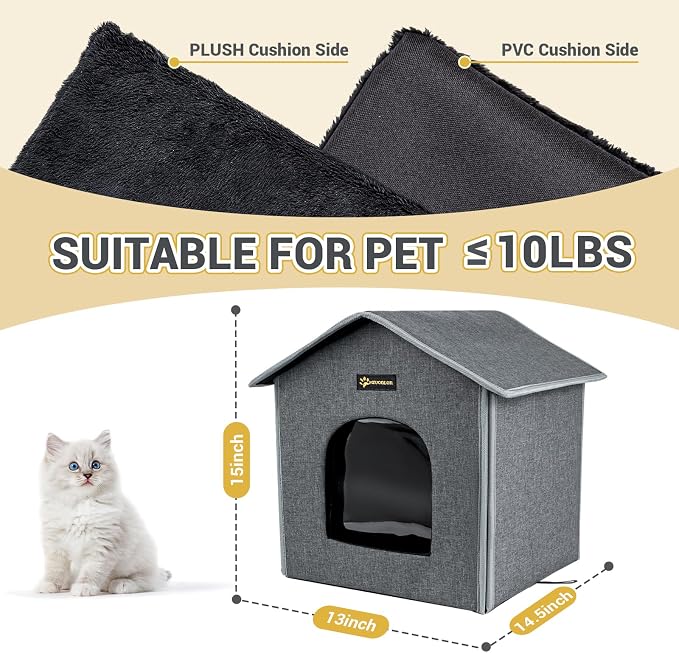 MIU Color Outdoor Cat House, Small Weatherproof Cat Houses for Outdoor Little Cats, Insulated Feral Cat Shelter with Removable Soft Mat, Easy to Assemble, 15" x 13" x 14.5"