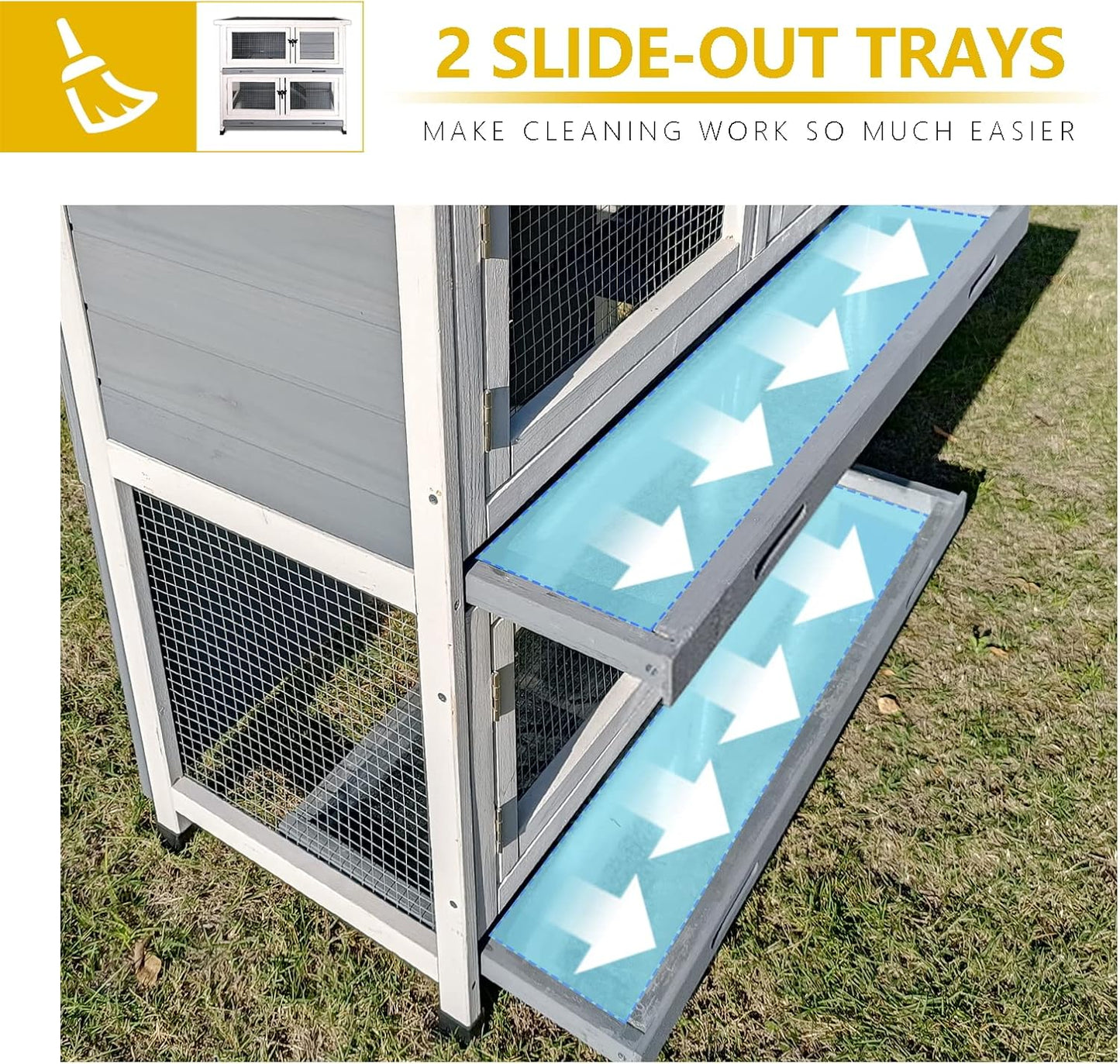 2 Story Solid Wood Rabbit/Bunny Hutch with 2 Large Main Rooms, Indoor Outdoor Rabbit House Guinea Pig Cage Pet House for Small Animals with Ventilation Door Removable Tray Waterproof Roof (Grey)