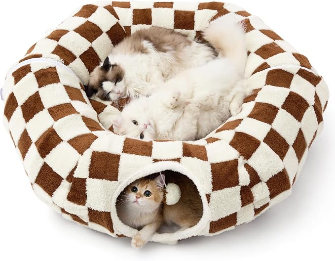 Lesure Donut Cute Jacquard Large Cat Tunnel Bed Kitten Toys for Dog Bunny | 39.5x39.5x10in,Round Large Cat Bed Tube for Multi Kittens,Pet Peekaboo Cave Toy,Spiral Hideaway,Washable Cushion,Brown Checks
