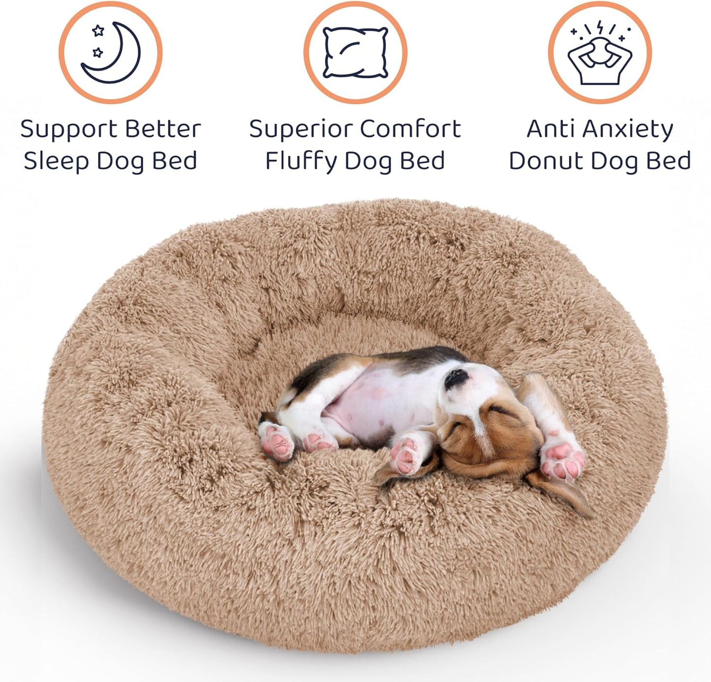 Donut Dog Bed - Premium Comfort for Anxiety Relief - Fluffy & Calming Design with Ultra-Plush Support | Cozy Round Dog Bed with Super Soft Circle Style (Size S Camel)