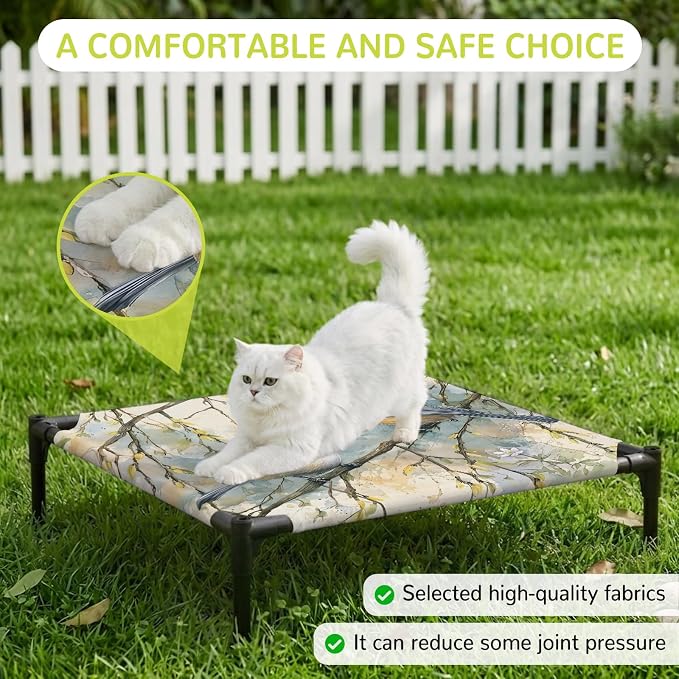 Outdoor Elevated Dog Bed for Small Dogs, Birds Branches Breathable Cooling Raised Dog Cot for Indoor/Outdoor, Country Elegant Pastoral Floral Waterproof Elevated Pet Beds, S 20 x 20 in