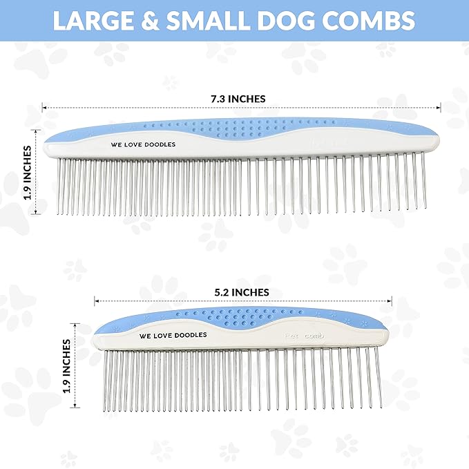 We Love Doodles Dog Grooming Comb Set & Large Dog Slicker Brush Bundle - Grooming Comb & Long Pin Brush for Dogs Kit - Removes Tangles & For Dematting - Brush for Shedding - Made in USA