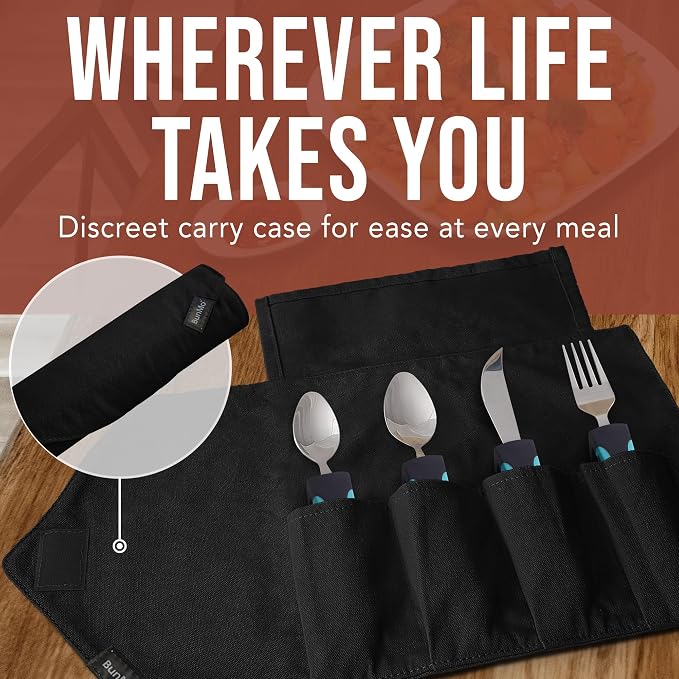 BUNMO Weighted Utensils for Hand Tremors - Elderly, Weak Hand Grip & Handicapped - Stainless Steel - Eat Independently