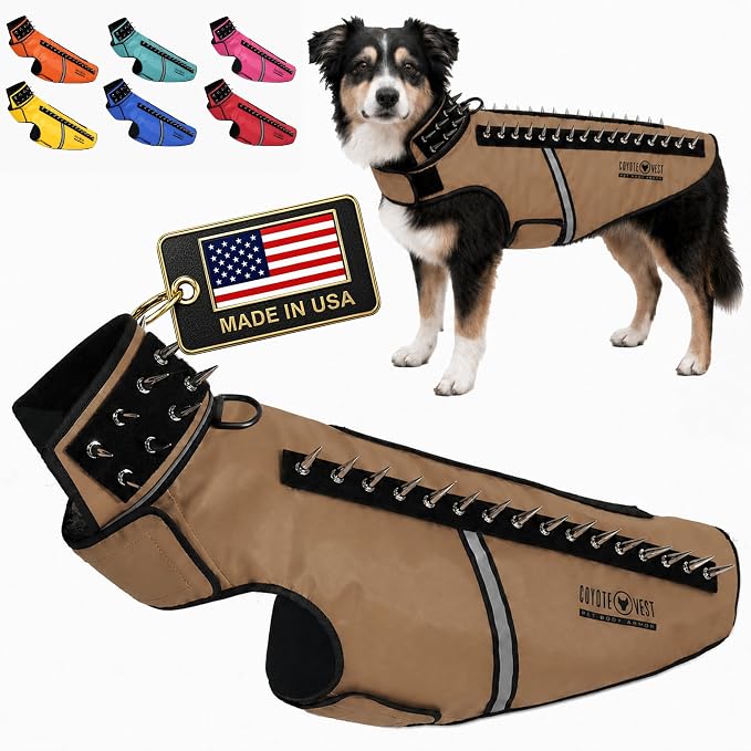 CoyoteVest SpikeVest Dog Harness, Made in the USA, L-Texas Tan | Stab-Resistant Protective Vest | Coyote Vest for Dogs | Defends Against Coyotes, Dogs, Birds of Prey | Reflective Safety