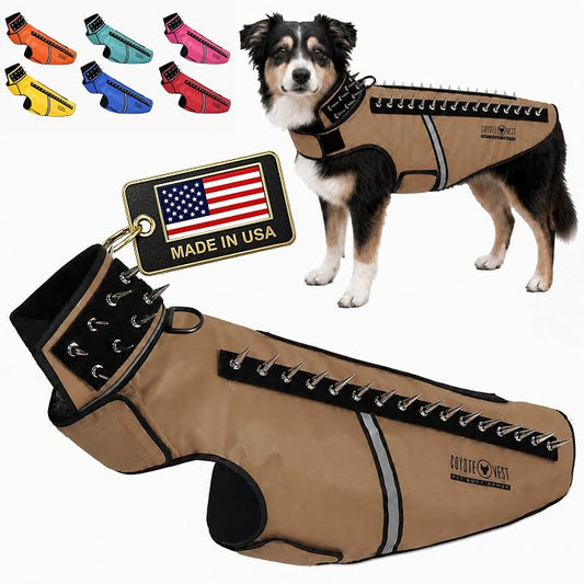 CoyoteVest SpikeVest Dog Harness, Made in the USA, L-Texas Tan | Stab-Resistant Protective Vest | Coyote Vest for Dogs | Defends Against Coyotes, Dogs, Birds of Prey | Reflective Safety