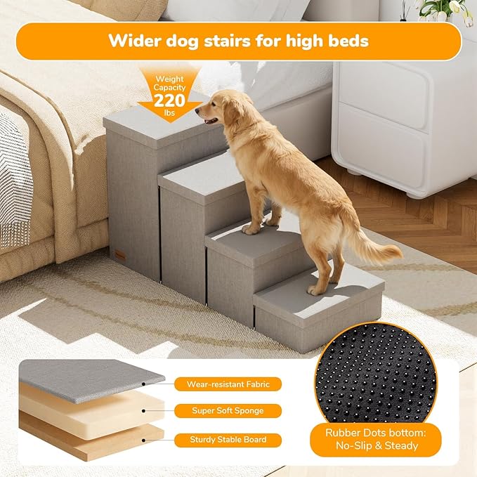 4-Step Wide Dog Stairs with Storage 23" H, Non-Slip Sturdy Pet Steps for High Bed Couch Window, Pet Stairs for Small/Medium/Large Old Dogs Cats Up to 220lbs, Cat Dog Steps for Car/SUV, Grey