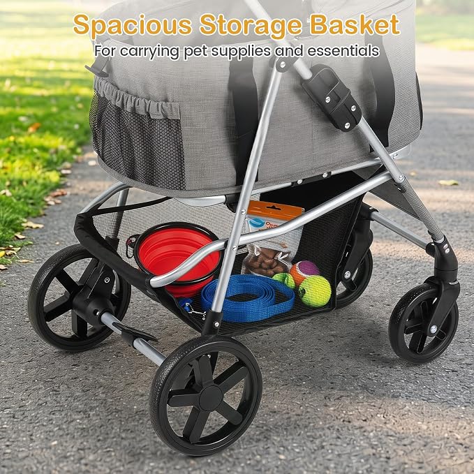 PETSITE 3-in-1 Pet Stroller for Small Medium Dogs, One-Click Foldable Dog Stroller with Detachable Carrier, Cup Holder & Storage Basket, Safety Leash, One-Step Rear Brake, Breathable Window (Grey)