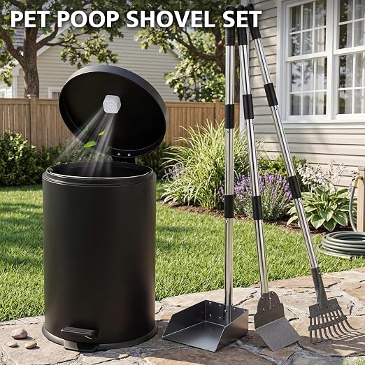 Lounsweer Dog Poop Trash Can Outside, 20L/5.3 Gallon Stainless Steel Dog Waste Can with Foot Pedal, Removable Inner Bucket, 3-Piece Pooper Scooper Set, 6 Activated Carbon Filters & 50 Waste Bags