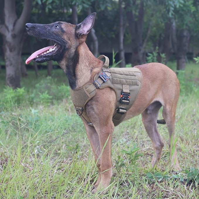 ICEFANG Tactical Dog Harness for Large Dogs,Full Metal Buckles Dog Vest | with MOLLE, Reflective,Adjustable,2 Leash Clips,Control Handle,No Pull,Soft Padded,Brown,Large