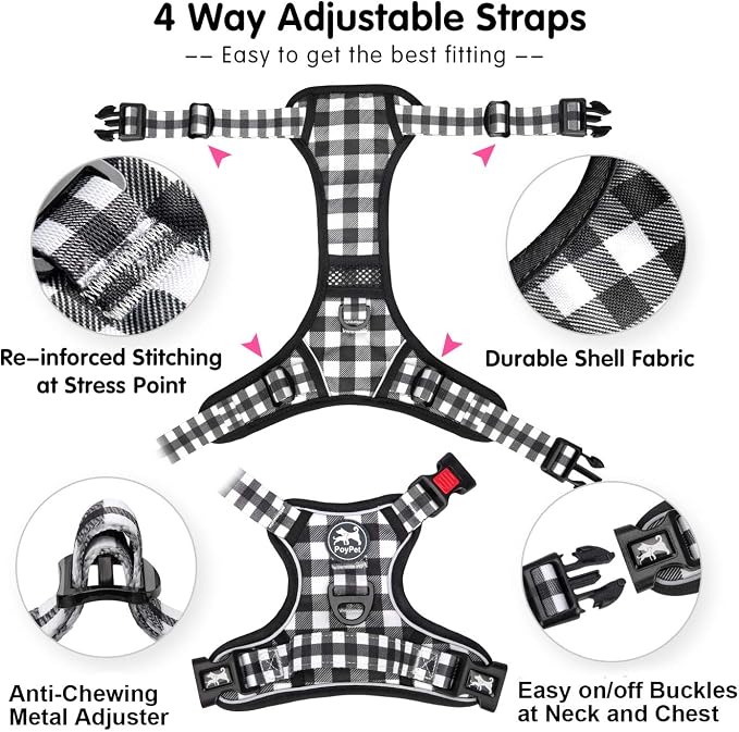PoyPet Plaid Dog Harness Large, No Pull Vest with Front Clip & Neck Buckle | Padded Handle, Reflective, No Choke, Lockable, 2 Leash Rings, Full Adjustable, for Training Walking, L, Grid