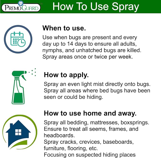 Premo Guard Bed Bug & Mite Killer Spray - 100% Kill Rate Formula, 24 oz | University Tested, Safe for Bedding, Furniture, Fabrics, and Clothing, Non Toxic, Stain & Scent Free, Child & Pet Safe