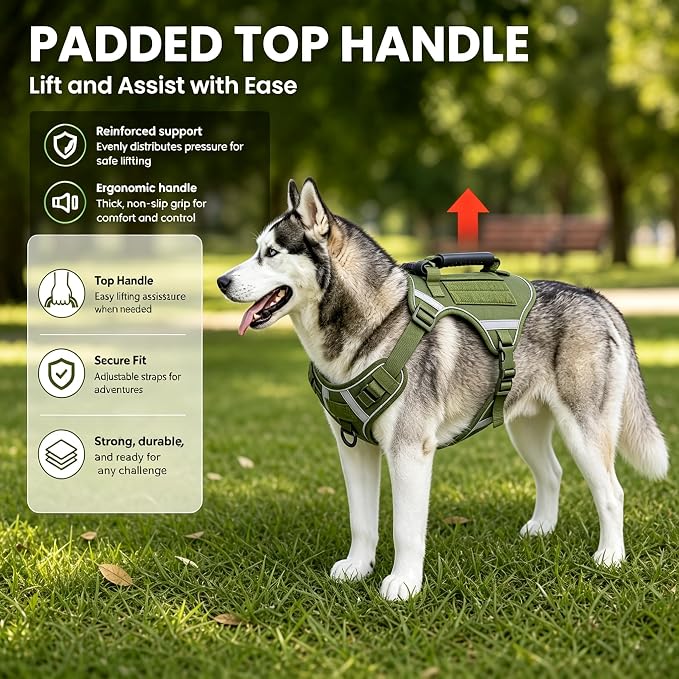 Tactical Dog Harness for Large Dogs, Heavy Duty No Pull Dog Harness with Handle,Adjustable Reflective Service Dog Vest for Walking Hiking Training Army Green L