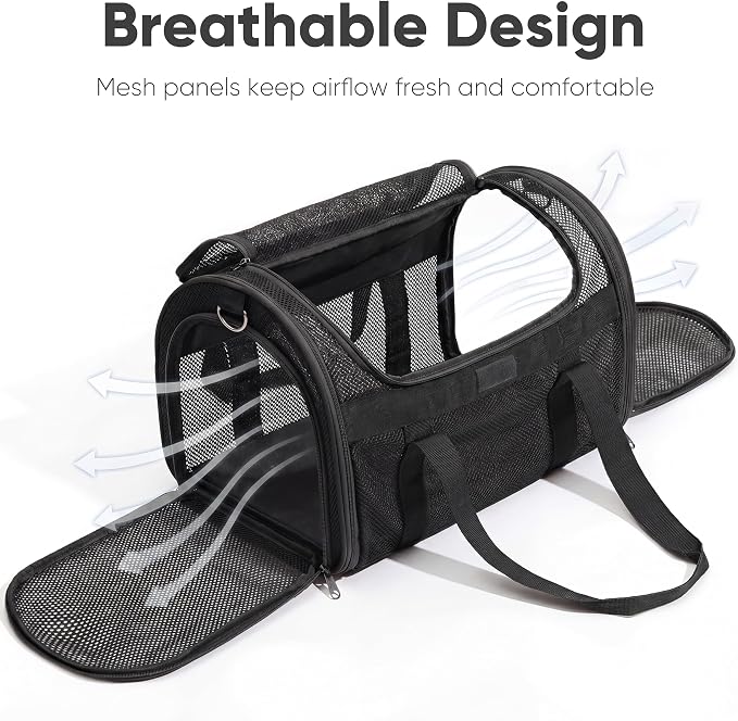 FUKUMARU Cat Carrier, Light & Airy Pet Carrier, 18x11x11 Airline Approved Dog Carrier for Small Dogs, 2-in-1 Shoulder Strap Leash, Collapsible Soft Cat Travel Carrier with Anti-Scratch Mesh, Black