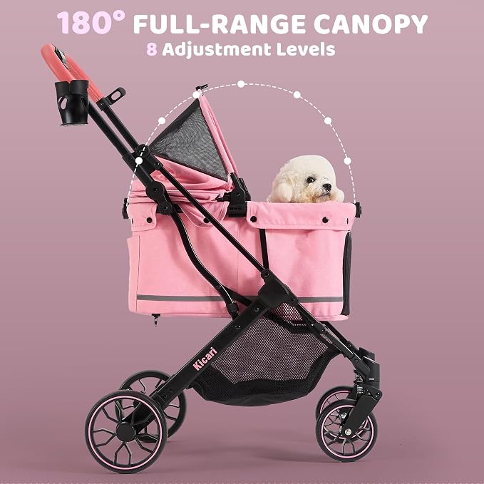 All-Terrain Dog Stroller for Small to Medium Dogs, Pet Stroller for Dogs & Cats Outdoor Walks, One-Hand Easy Fold, Double-Layer Anti-UV & Waterproof Canopy & Breathable Mesh, Sakura Pink